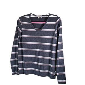 Pink Republic Womens V-Neck Long Sleeve Gray Mauve Striped Pullover Top Med NWT